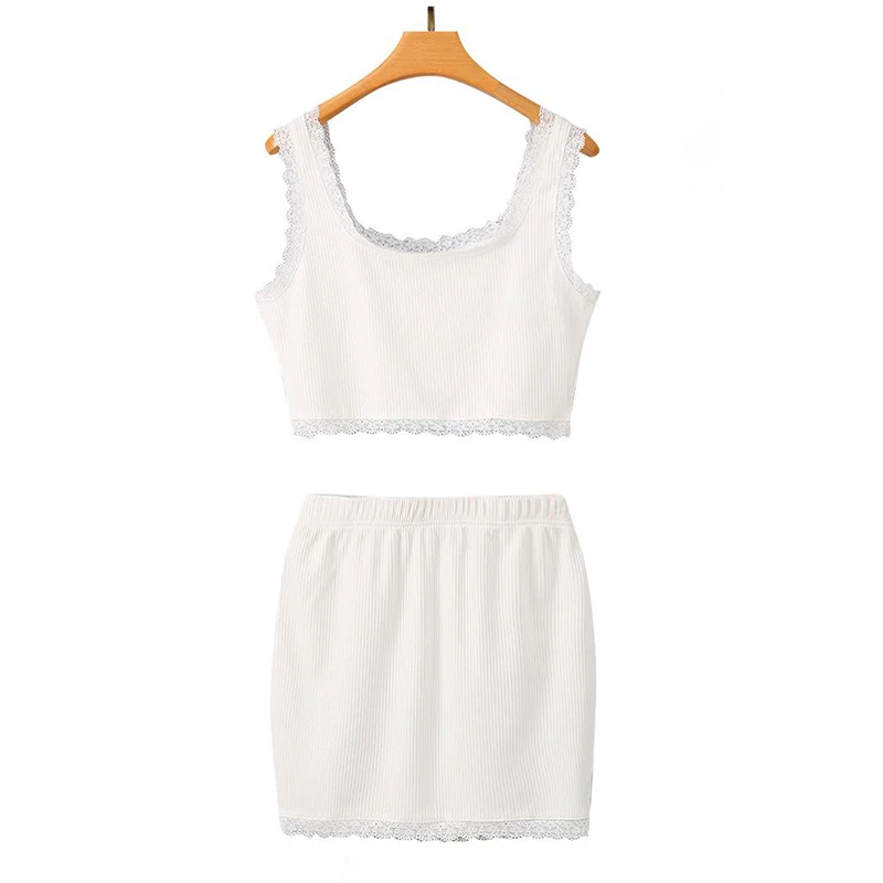 

Women Sexy Lace Decor Crop Top Vest Mini Skirt Sets 2021 Summer Off Shoulder Slim Solid White Tank Tops Casual Short Skirts Sets