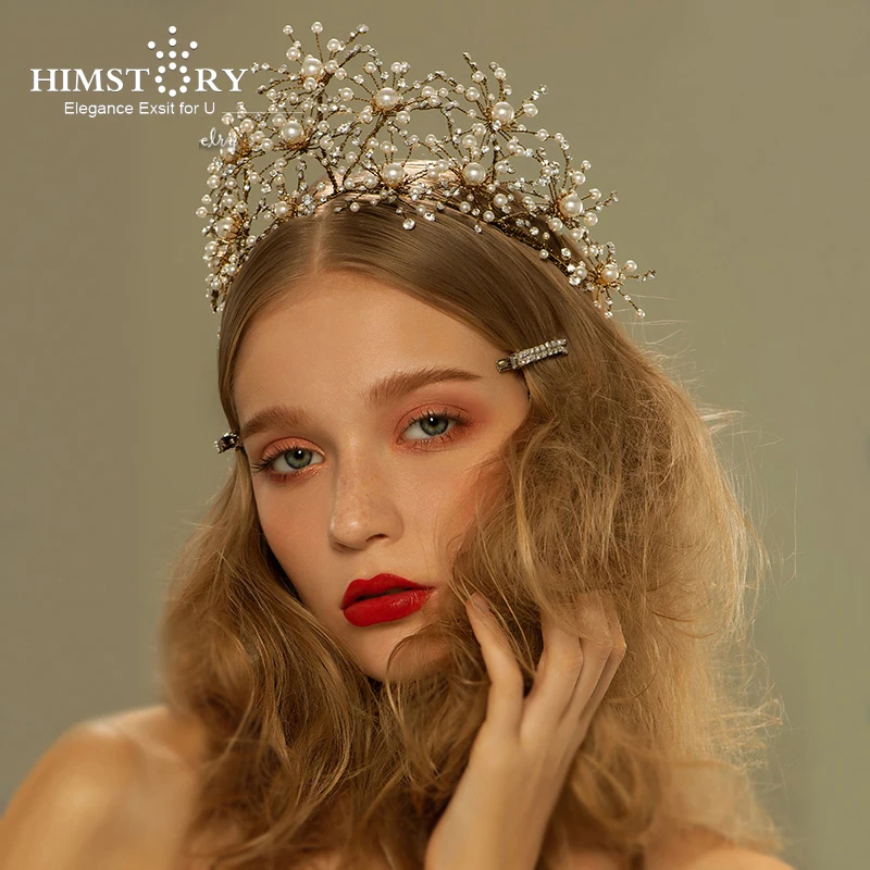 

Himstory Rhinestone Custom Made Pearl Flowers Tiara Handmade Fashion Hairband Royal Bridal Wedding Dressing Crown Accessory Wome