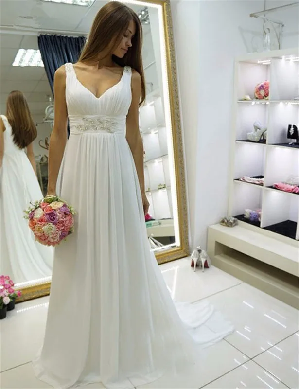 Vestido De Noiva сексуальный v-образный вырез дешевый пляжный белый шифоновый халат