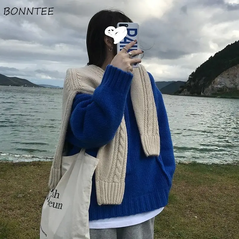 

Плотные свитера для женщин, праздничный винтажный свободный мягкий пуловер в стиле ретро с длинным рукавом для девушек, однотонный вязаный ...