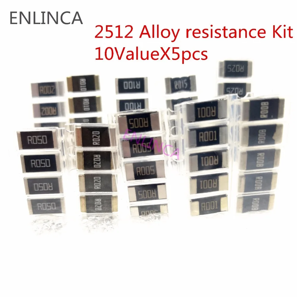 

50PCS Alloy resistance kit 2512 SMD Resistor Samples kit 10 kindsX5pcs=50pcs R001 R002 R005 R008 R010 R015 R020 R025 R050 R100