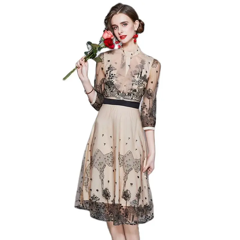 

Elegant Mesh Embroidery Dress French Ladies Three Quarter Sleeves Round Neck Mid Length Clothes Apricot