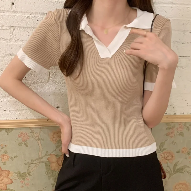 

Women Summer V-Neck Knited T-Shirts Solid Color Patchwork Female Short-sleeve Slim Thin Tops