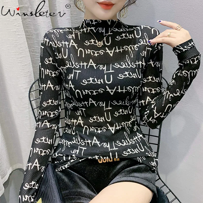 

MadBlack Spring Fall European Style Mesh T-Shirt Sexy Print letters Stretchy Women Tops Long Sleeve Bottoming Shirt Tees T1N802A