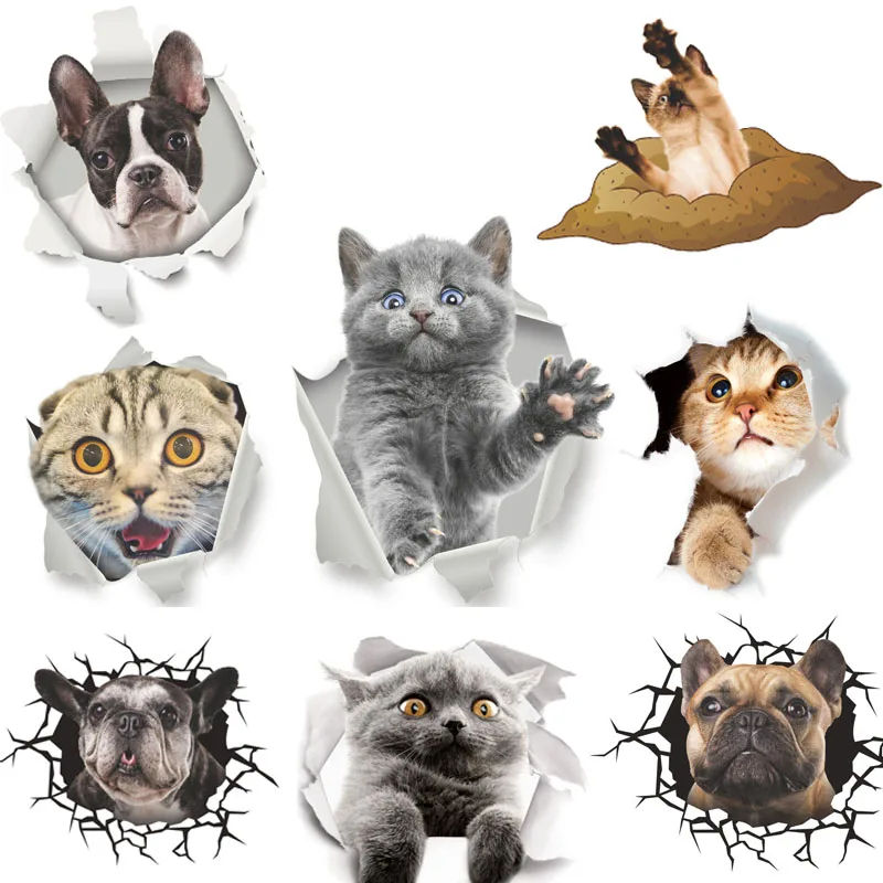3d яркое отверстие кошка собака настенная наклейка украшение для ванной туалета
