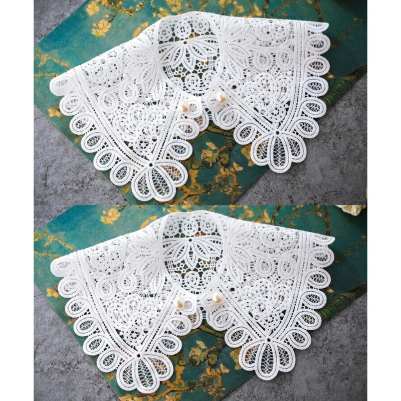 

Hollow Out Lapel Fake Collar Shawl Floral Lace Necklace with Pearl Brooch Pin