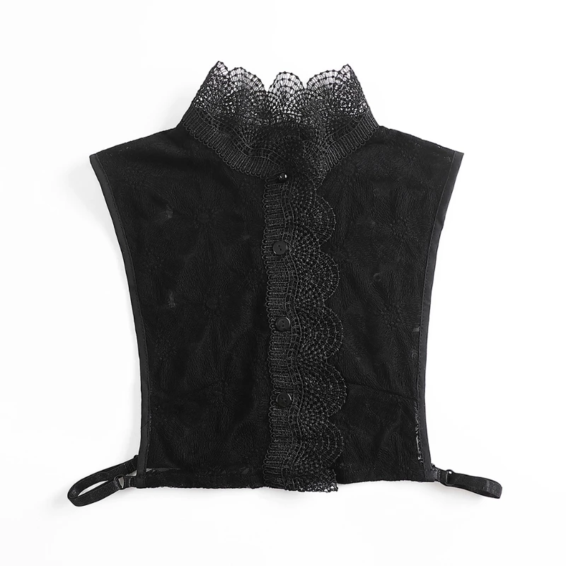 

896E Women European Vintage Black Half Shirt Floral Lace Splicing Detachable Dickey Hollow Out Ruffled Stand-up False Collar
