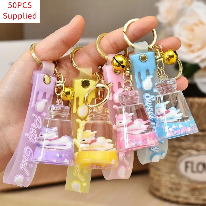 

50pcs Acrylic Keychain Liquid Floating Unicorn Keyring Bag Charm Milk Tea Cup Pendant Gift for Women 3.4*4.9cm New Supplied