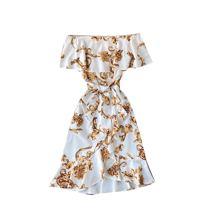 

Summer 2021 New Sexy Slash Neck Print Office Work Vestidos Women's Irregular Ruffled Slim Mini Short Dresses