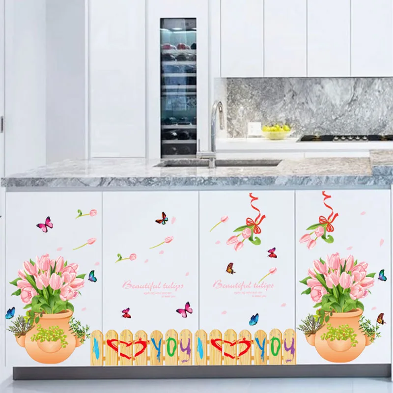

Romantic Tulip Wall Stickers Flower Fairy Home Decor Butterfly Decoration Living Room Bedroom Self-Adhesive Wall Decal Sticker