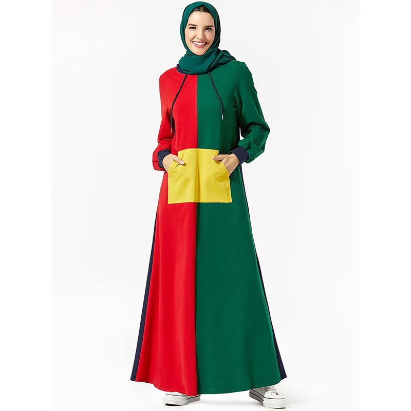 Мусульманское модное платье с капюшоном и карманами, многоцветное платье с длинным рукавом, Средний Восток, Саудовская Аравия, выше колена, ...