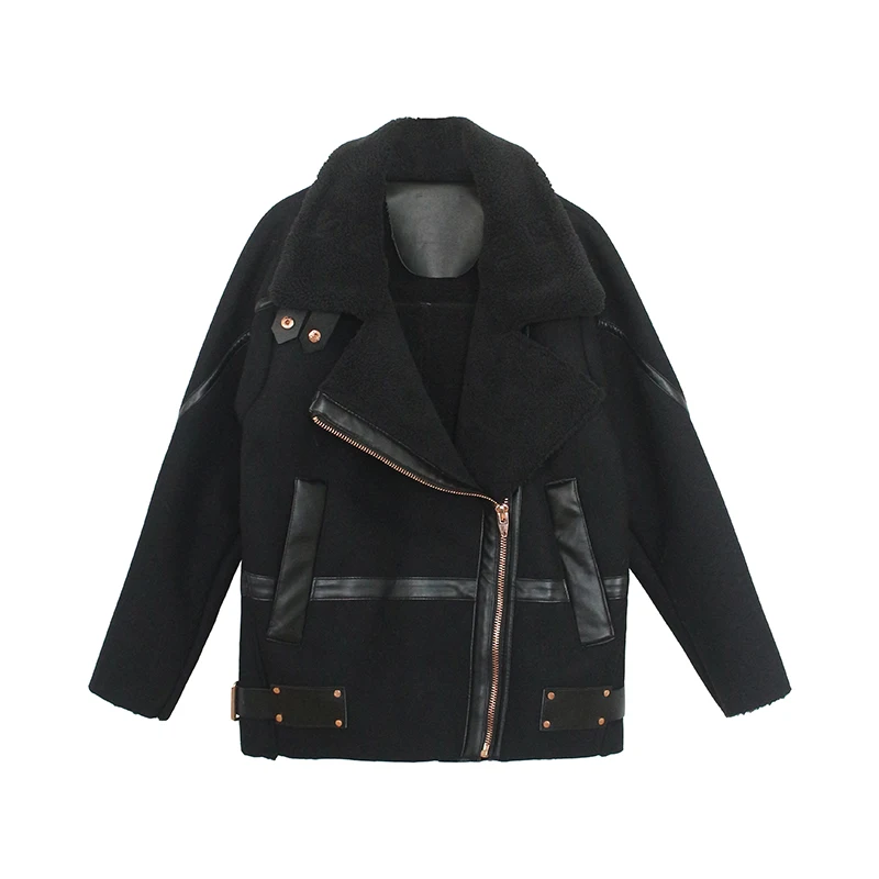 2019 зимняя женская Повседневная Байкерская мотоциклетная куртка черное теплое