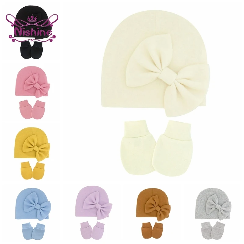 

Вязаная шапка и перчатки для новорожденных, однотонный комплект милых шапочек ручной работы с бантом для младенцев, детская Защитная вареж...