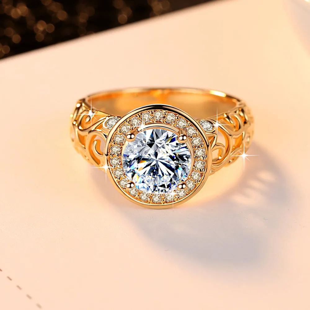 

Luxury Female White Crystal Thin Ring Charm Gold Color Wedding Rings For Women Vintage Round Zircon Stone Engagement Ring