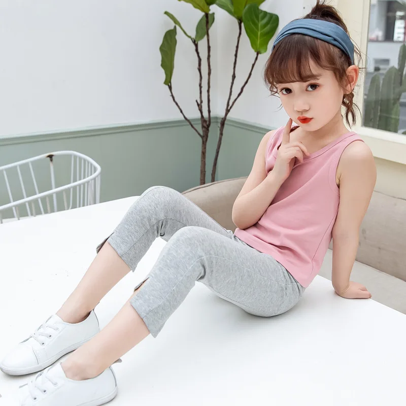 

New 2020 Cotton Elastic Skinny Pants Baby Big Girls Mid Waist Calf Length Trouser Clothing Kids Casual Solid Summer Legging Girl