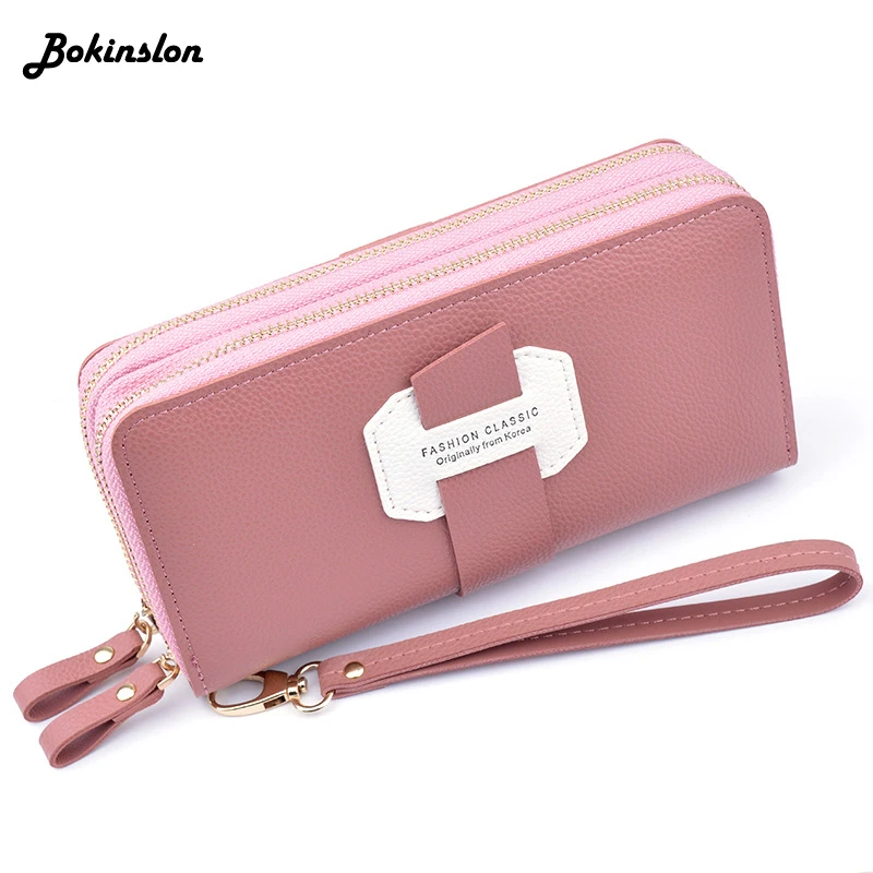 Bokinslon кошелек женский длинный двойной на молнии слой большая вместительность с