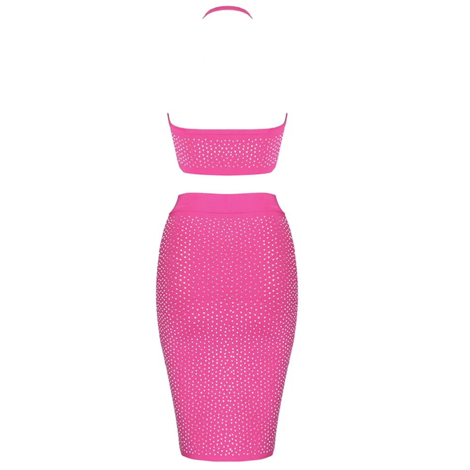 2019 New Women'S Beaded 2 Two-Piece Bandage Dress Sexy Sleeveless Halter Crystal Bodycon Mini Club Party Vestidos | Женская одежда