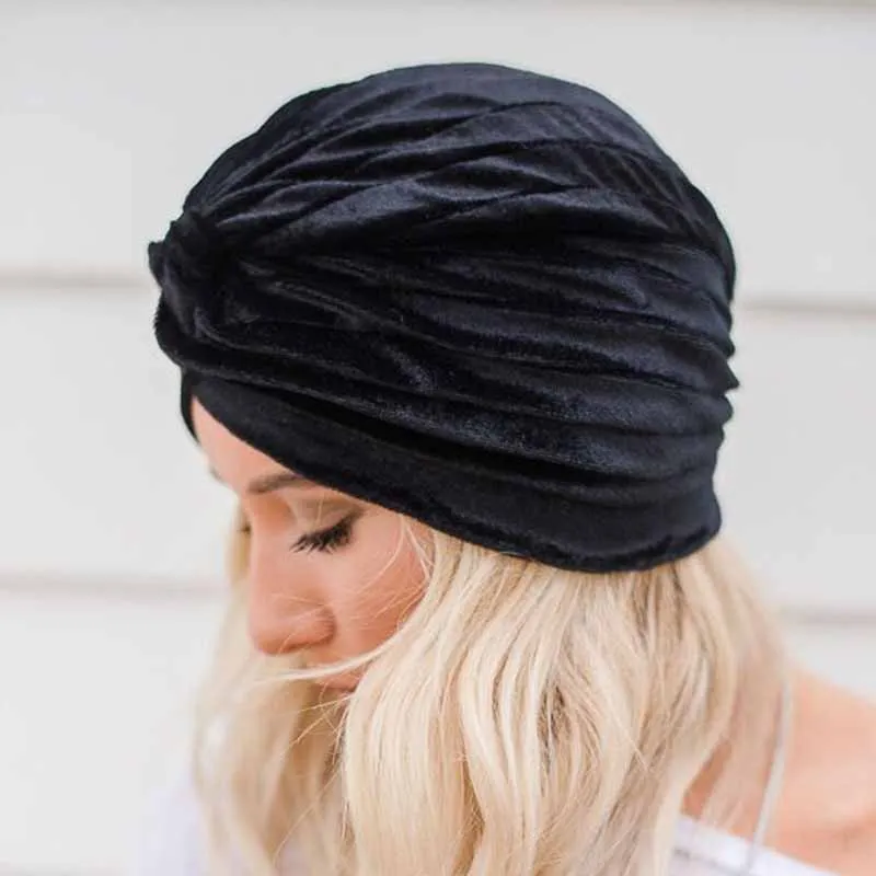STYLE 2 velvet black Индийская женская шапка-тюрбан с блестящим серебристым золотым узлом, осенне-зимний теплый головной убор, Повседневная Уличная Женская индийская шапка - Цвет: STYLE 2 velvet black