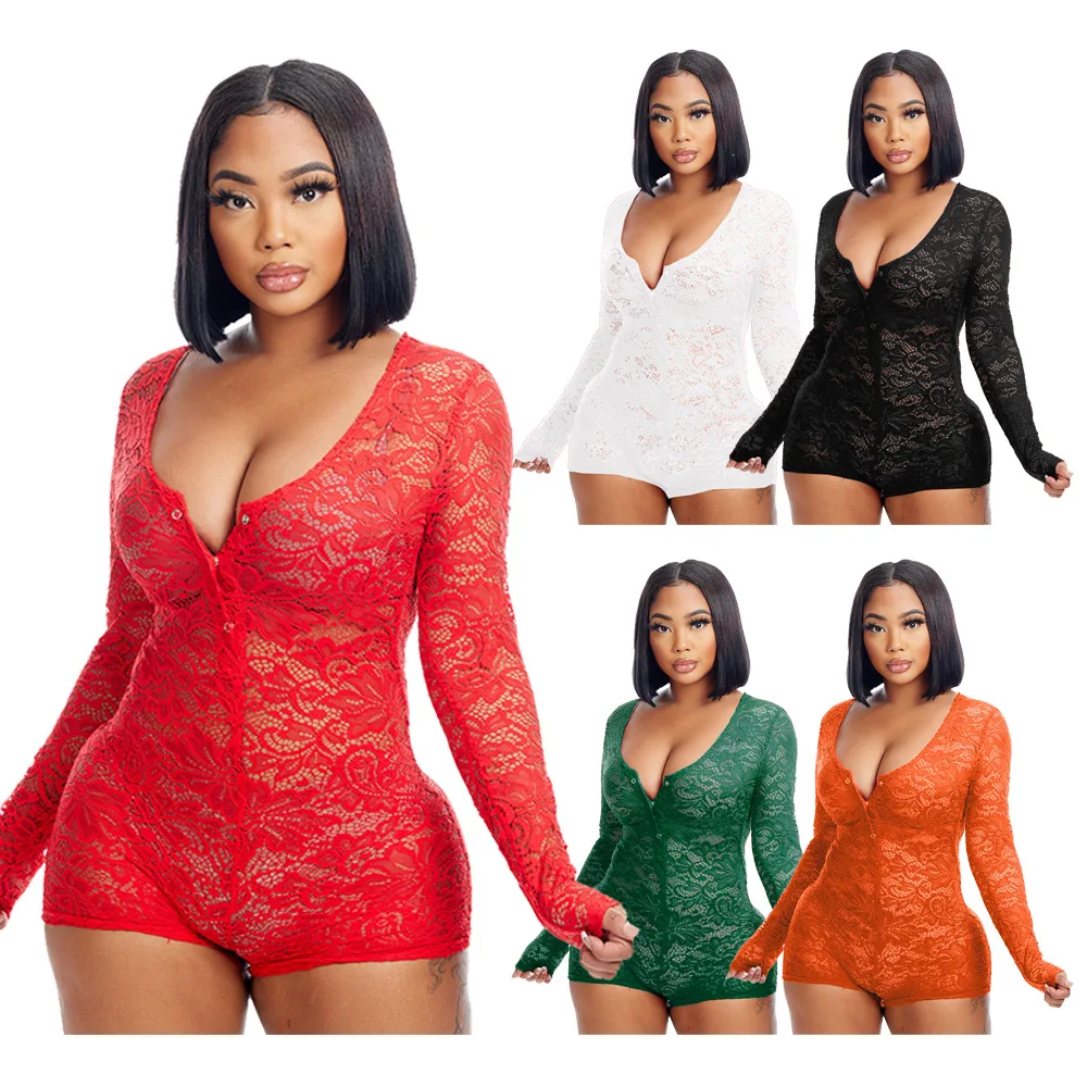 

Explosive Sexy Deep V-neck Lace Hollow Long Sleeve Button One-piece Women's Shorts