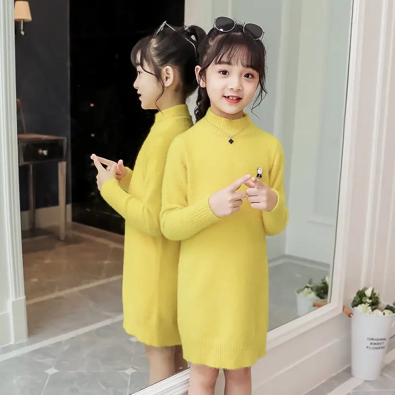 Длинное трикотажное платье свитер для девочек водолазка укороченные топы