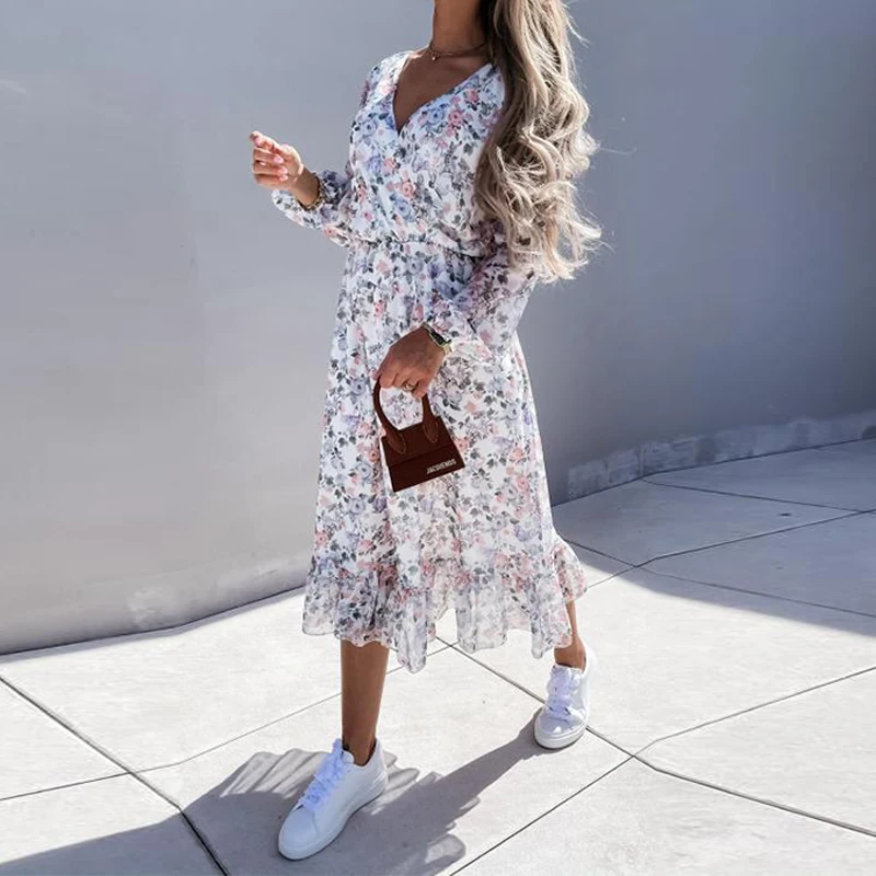 

Women Fashion Elegant Ruffle Party Dress Autumn Sexy V-Neck Vintage Floral Print Dresses Ladies Casual Long Sleeve Loose Dress