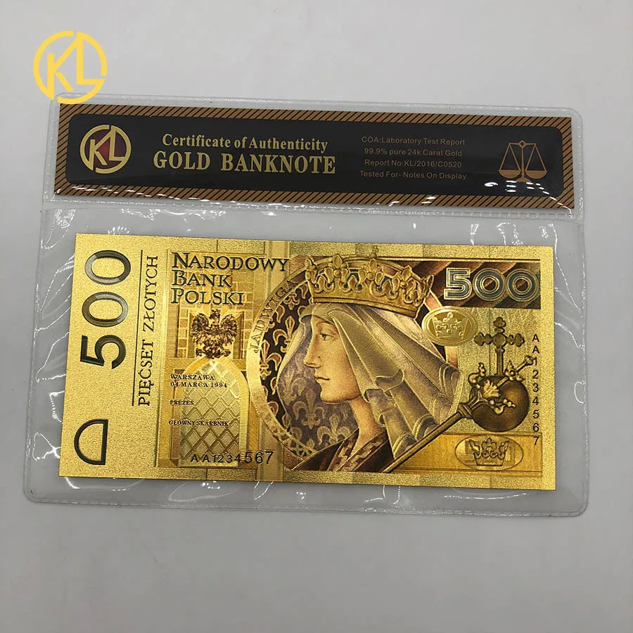 500PLN1994 Горячее предложение, 1 шт., неизданный выпуск 1994 года, польская валюта, спроектированная цветная 24K позолоченная банкнота 500 злотых для банка, сувенирные подарки - Цвет: 500PLN1994