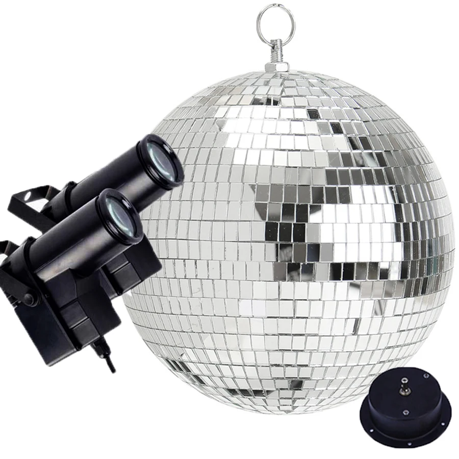 

Dia 25/30CM Reflective Glass Disco Mirror Ball With 10W RGB Beam Pinspot Spotlight Home Party Wedding Stage Light