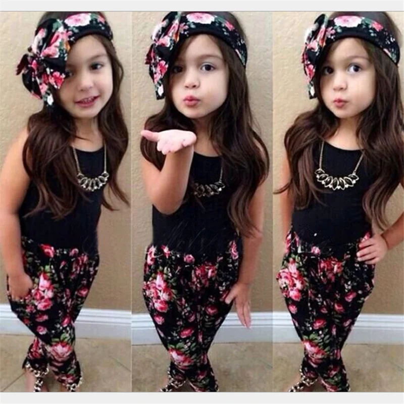 

Hot Summer Kids Girls Clothes Sleeveless Black Vest Floral Pants Scarf Children Fashion Style 3pcs Children Girl Clothing Sets