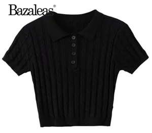 AP1 black 1901 Bazaleas Твист вязаная зеленая женская футболка винтажный отложной воротник пуговицы короткий Модный Топ Футболка Повседневная женская футболка - Цвет: AP1 black 1901