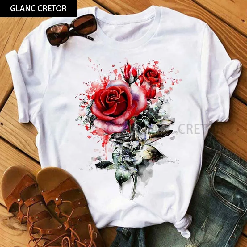 

Pink Flower Lady T-shirt Casual Harajuku Graphic T-shirt Kawaii Tee Top Fashionable Female Short Sleeve