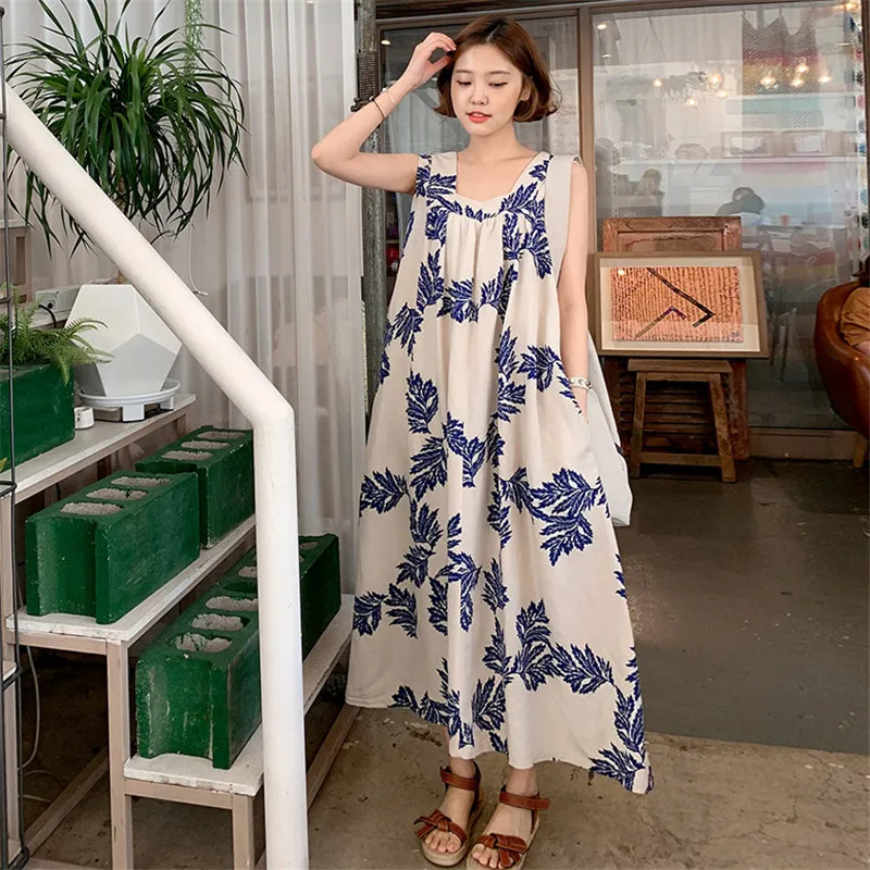 

Женское платье без рукавов Johnature, свободное Повседневное платье-чехол с принтом и карманами, универсальная модель в Корейском стиле на лето ...