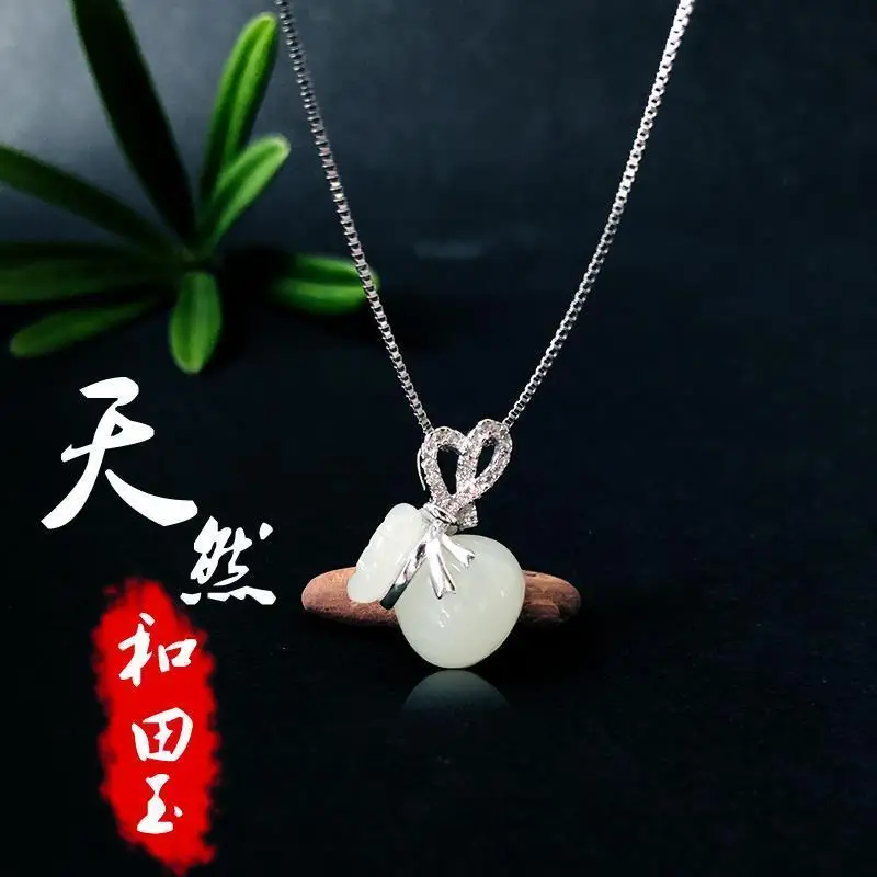 

Natural Hetian Jade Lucky Bag Jade Pendant Women's Purse Sterling Silver Necklace for Girlfriend Mom Birthday Gift