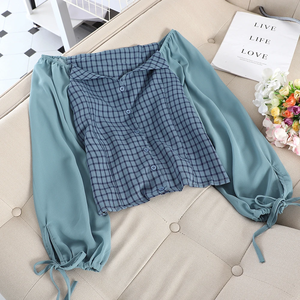 SINGRAIN женская шифоновая блузка в клетку Модные осенние базовые Клубные топы