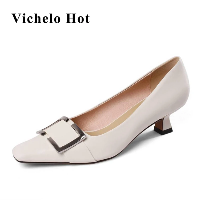

Vichelo Hot elegant full grain leather brand shoes med heels slip on square toe sweet brand metal fasteners women pumps L66