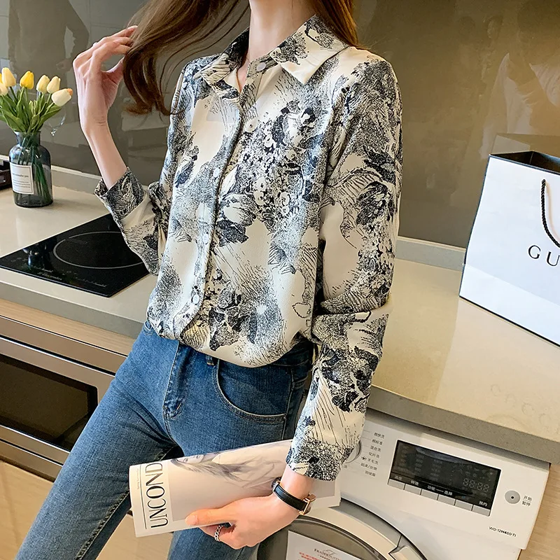 2022 Spring New Fashion Korean Ink Printing Long Sleeve Women's Top Trend Satin Chiffon Girl Temperament Thin Shirt Polo Collar