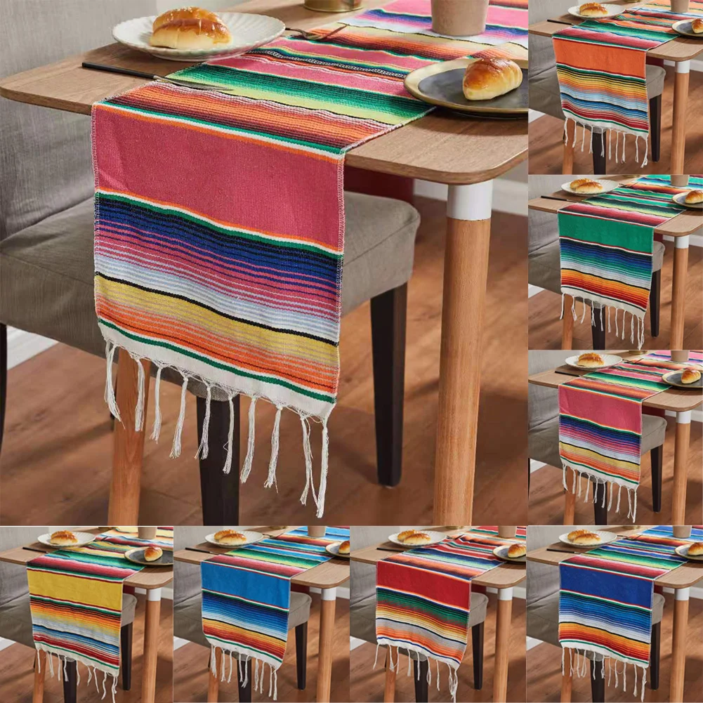 

Hand Woven Striped Tablecloth Rainbow Colors Mexican Serape Table Runner Saltillo For Fiesta Party Decor
