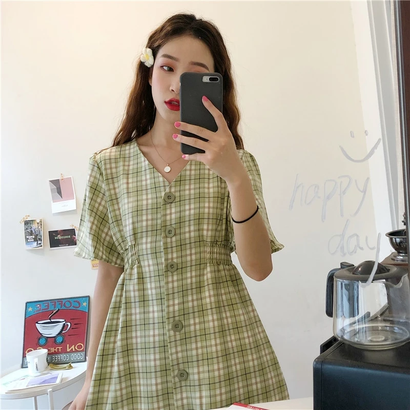 Платье женское клетчатое с V образным вырезом и коротким рукавом|Женские платья| |