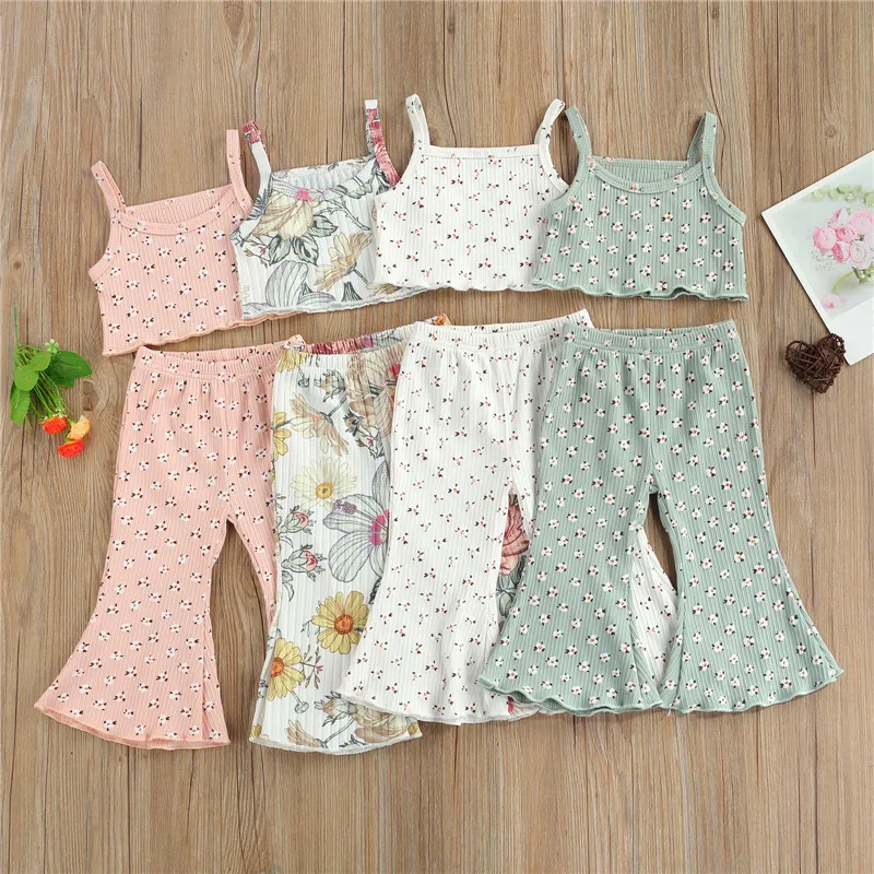 4 Colors Lovely Children Girls Summer Clothes Toddler Kids Girls Ribbed Flower Sleeveless Tanks Tops+Flare Pants Casual Outfits