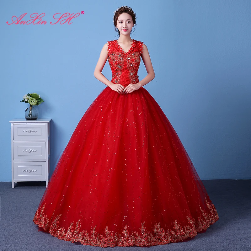 AnXin SH luxury red flower princess vintage beading v neck crystal bride white lace ball gown customized wedding dress