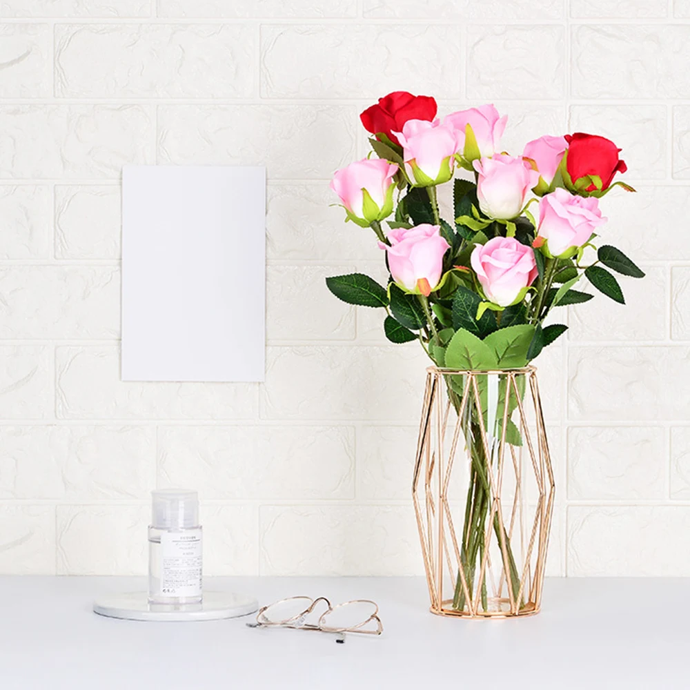 

Glass Flower Vase with Geometric Metal Rack Stand Bud Home Office Decor Glass Vases for Flowers Hydroponics Plant