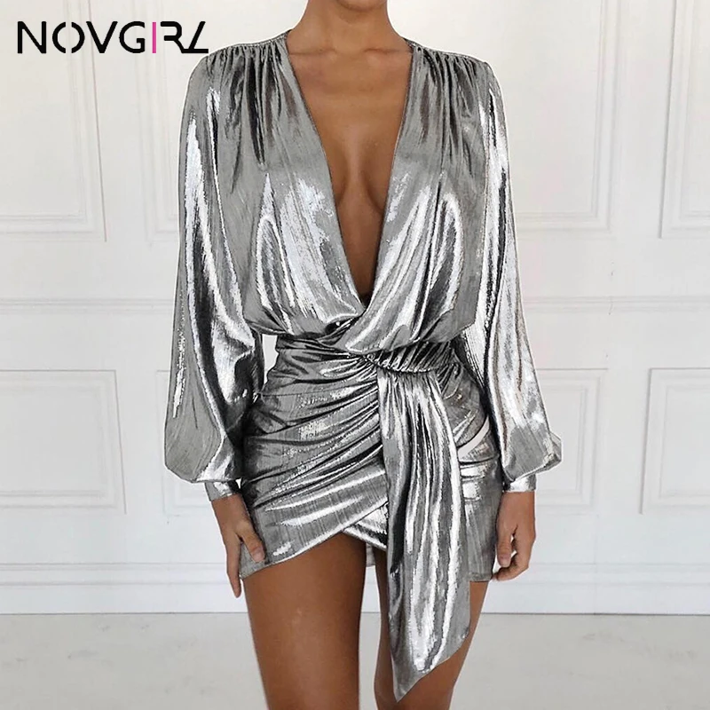 Novgirl Oversize XS-2XL Night Club Metalic Plunge Party Gold Dress Sashes Ruched Bodycon Deep V Neck Sexy Dresses | Женская одежда