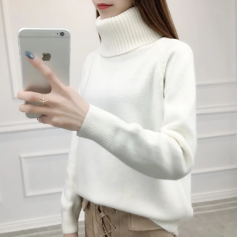 High collar sweater female 2019 winter new loose hooded solid color thick knit bottoming shirt | Женская одежда