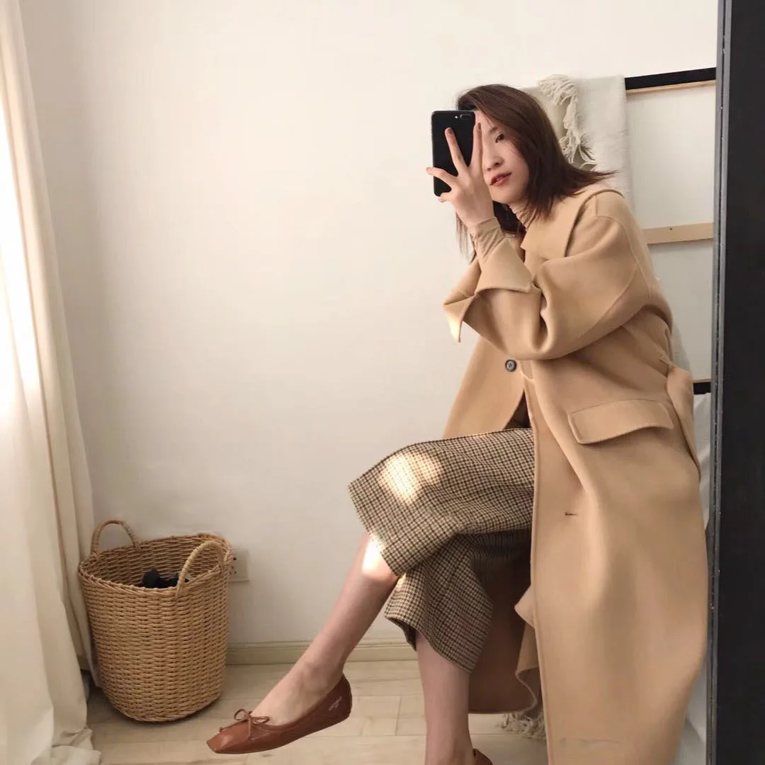 

JCHB 2021 coat Mid-length Korean Women's double-sided cashmere handmade large lapel lace-up wool woolen coat