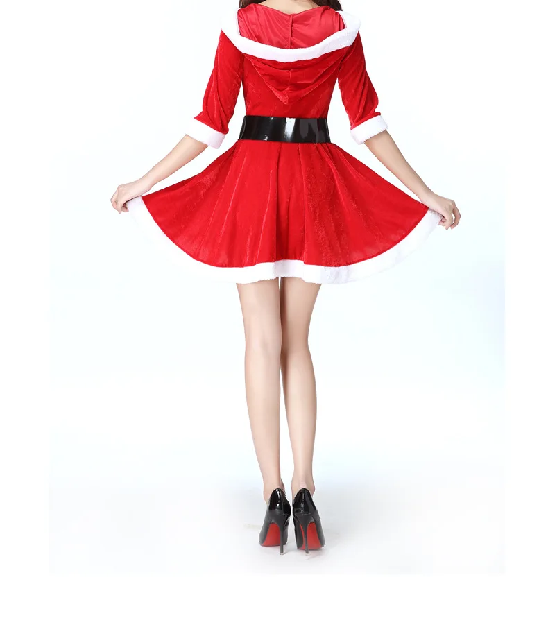 Christmas dress with belt Sexy womens Christmas costume Santa suit short sleeve plush warm fancy pleated dress