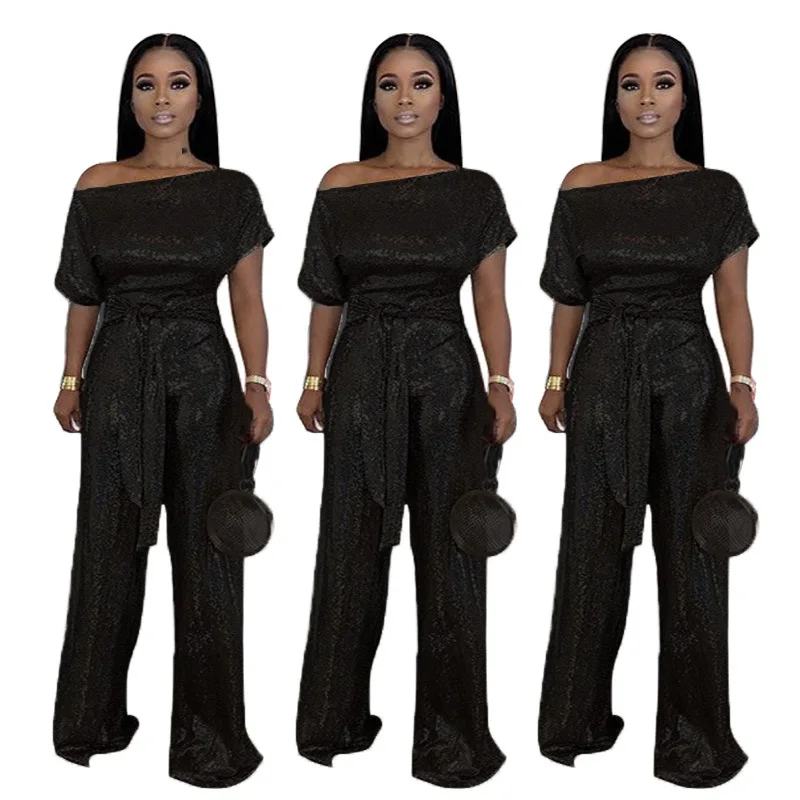 Women's Short-sleeved Party Evening Set Noble Elegant Sequin Overalls Belted Jumpsuit Banquet Romper Costume Shiny Jumpsuit
