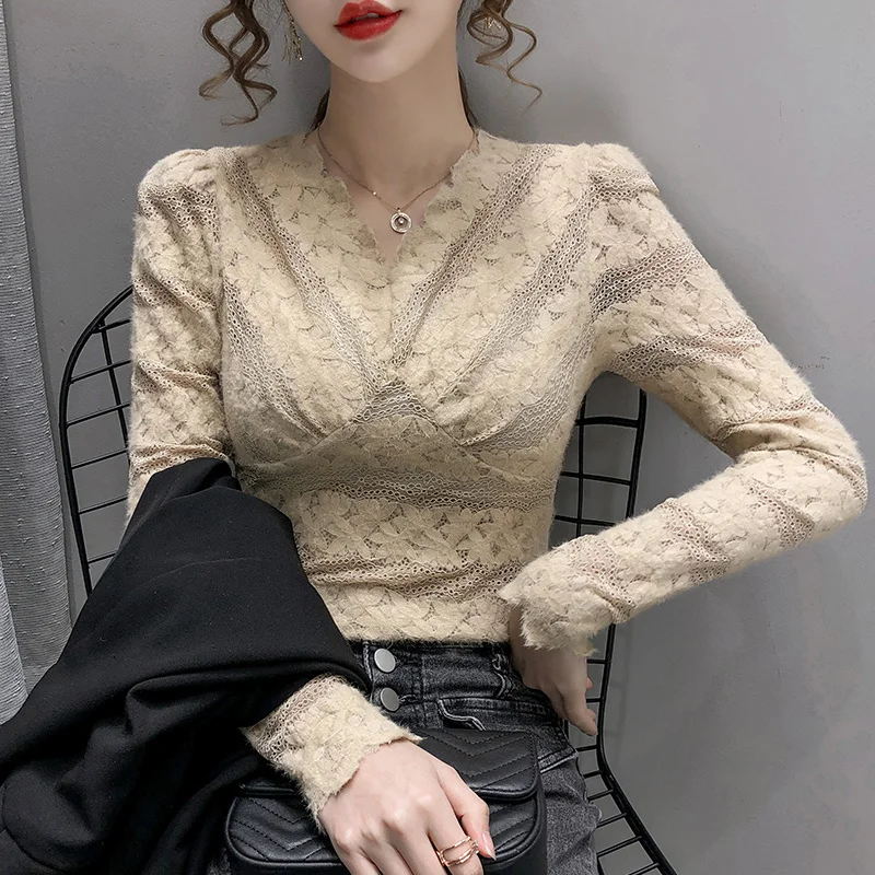 

Новинка Зима 2021, Стильная приталенная кружевная рубашка с V-образным вырезом и длинными рукавами, женская зимняя Удлиненная рубашка