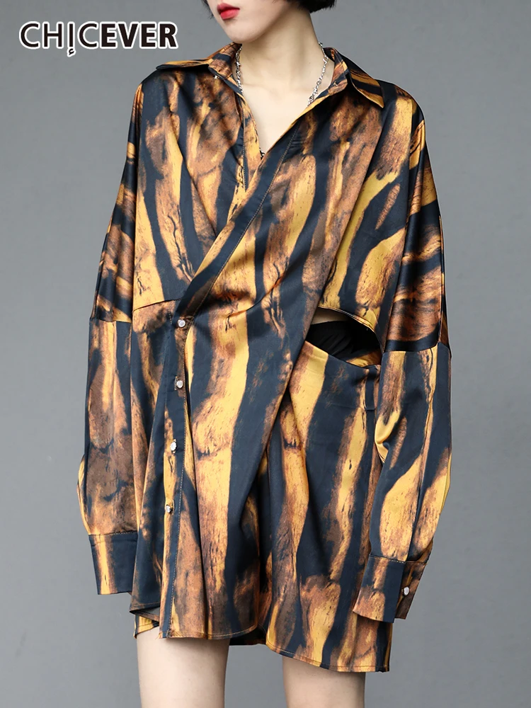 

CHICEVER винтажное цветное Платье с принтом для женщин, воротник с лацканами, прямые мини-платья с длинными рукавами, Женская корейская модная о...