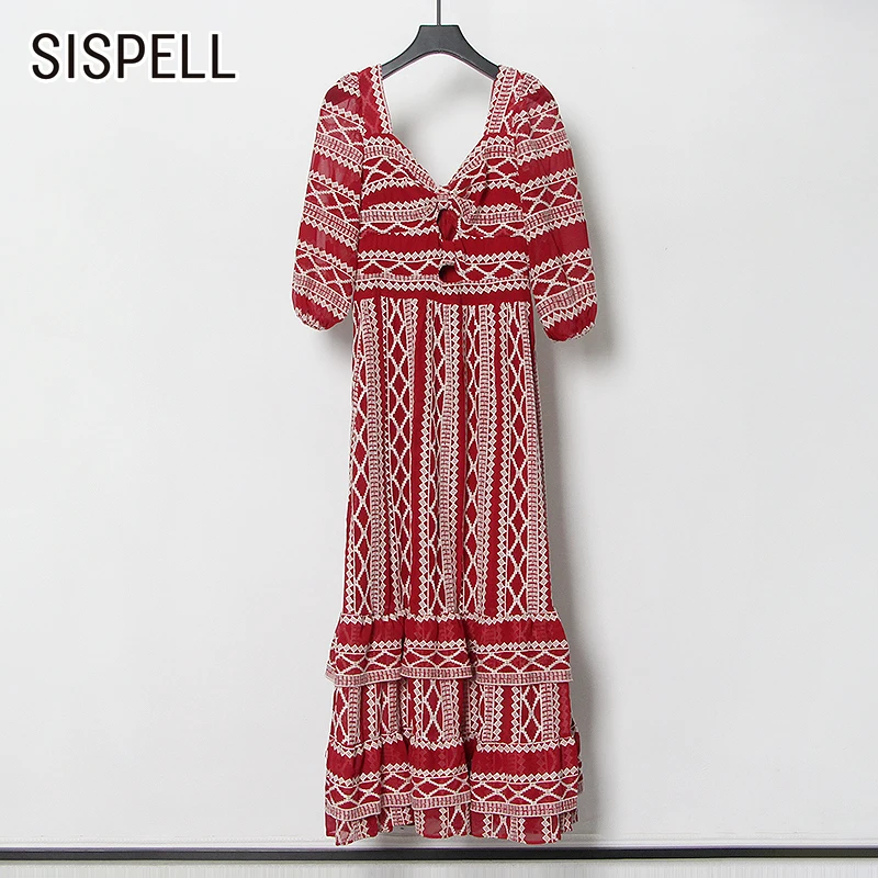 

Женское лоскутное платье SISPELL, длинное платье с V-образным вырезом, рукавами-фонариками, открытой спиной и высокой талией, облегающее платье ...