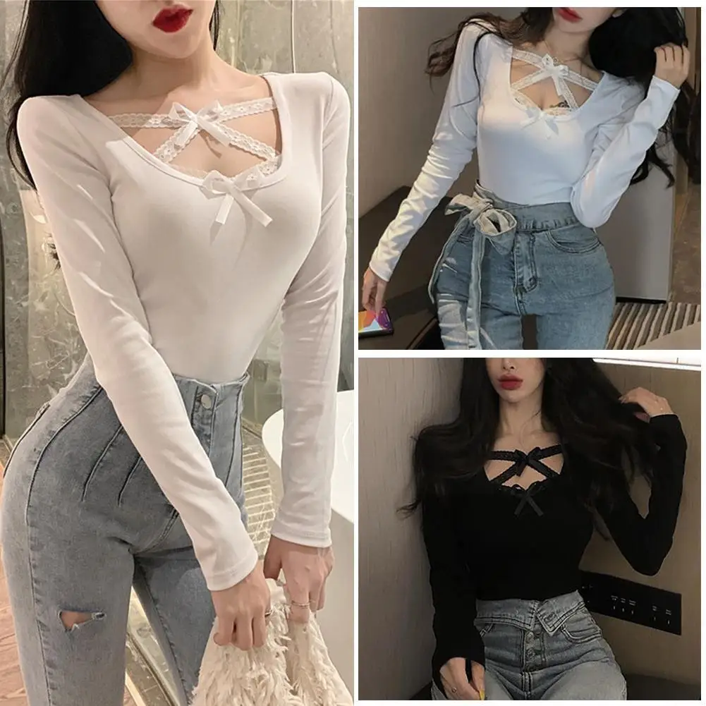 

Spring Summer Tops Sexy Bow Ribbon Long Sleeve Top T Shirt Retro Cross Women's Bottoming Color Neck Korea Lace Slim O T5K0