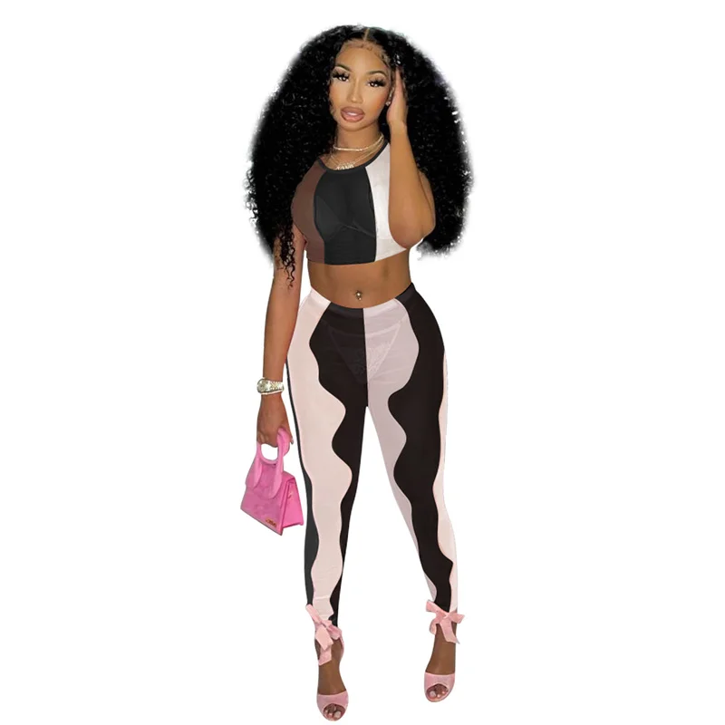 

Adogirl Sexy Color Patchwork Sheer Mesh Two Piece Set Sleeveless Crop Top Pencil Pants Summer Night Club Suit Female Outfits